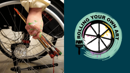 women in wheelchair holding brushes